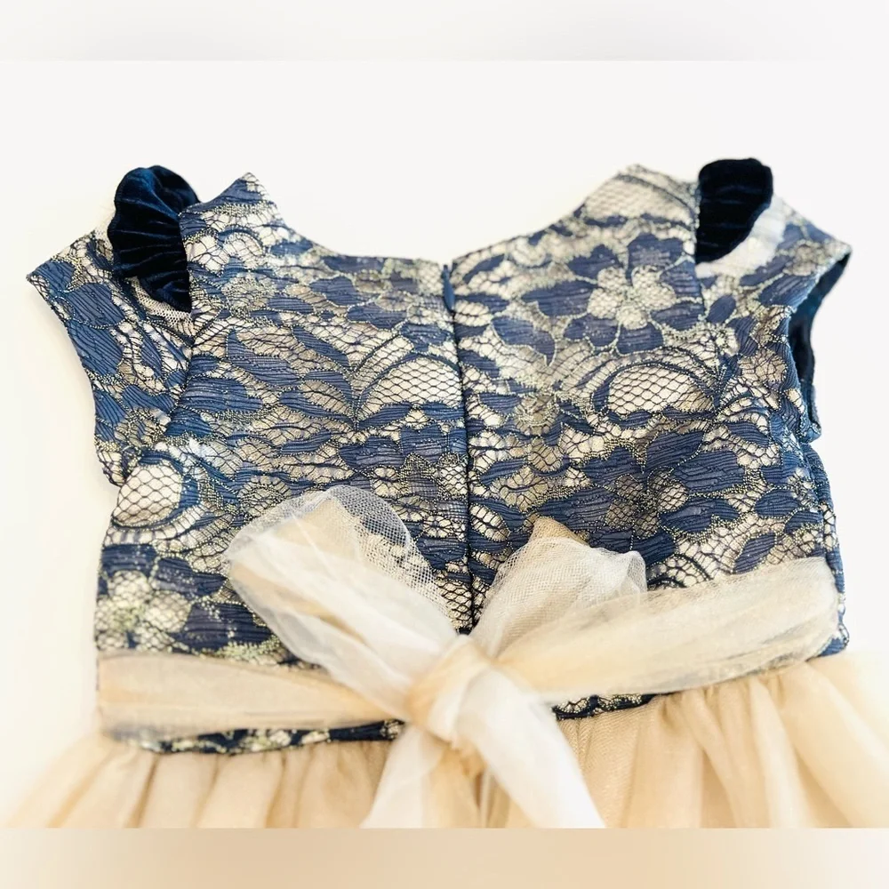Biscotti Navy and Lace Champagne Tulle Dress with Bow, Girls 2T - Like New